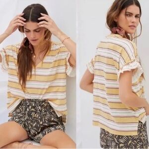 Anthropologie Pilcro Striped Shoulder Ruffles V Neck Oversized Top Medium